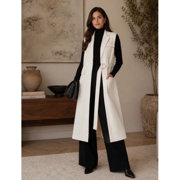 Marina Moscone Jackets & Blazers - Marina Moscone Women Cream Long Sleeveless Vest Size M Belt Minimalist Luxury